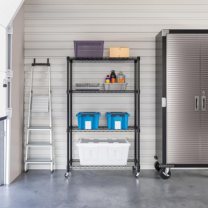 Seville Classics Solid Steel Wire Shelving Storage Unit Adjustable Shelves Organizer Rack, for Home, Kitchen, Office, Garage, Bedroom, Closet, Black, 4-Tier, 36" W x 14" D