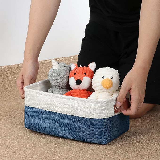 DULLEMELO Set of 6 Small Baskets for Organizing, Small Fabric Storage Bins for Toys Storage, Collapsible Storage Bins with Leather Handles for Shelves, Closets, Laundry, Nursery(White&Blue)