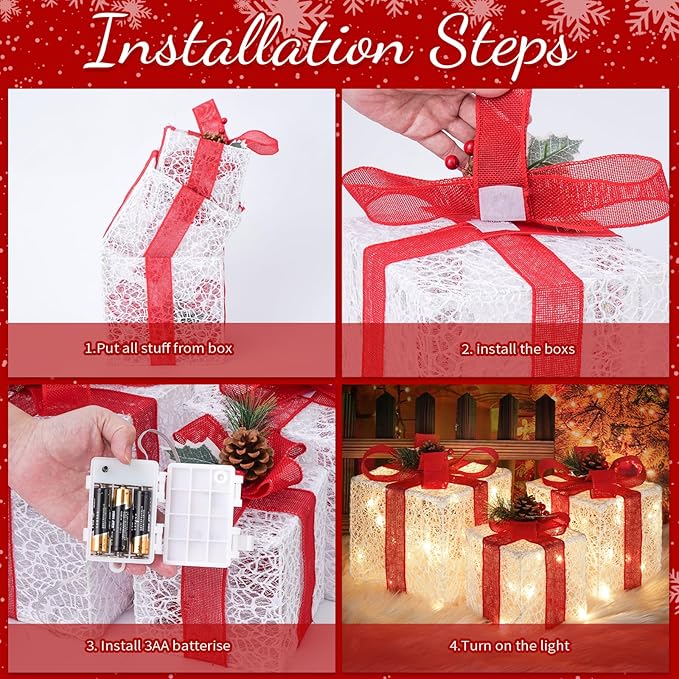 Christmas Lighted Gift Boxes with Lace Cloth, Pre-lit Lights Gift Boxes Set of 3, Light up Present Boxes Set Battery Operated with Different Sizes for Holiday Indoor Outdoor Decorations
