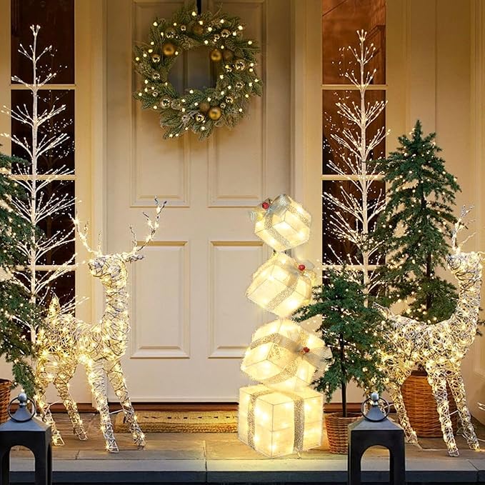 Christmas Lighted Gift Boxes Decorations Set of 4, 3.6Ft Stackable Christmas Nesting Boxes Battery Operated for Home and Party Decoration (10"-8"-6"-5", Silver Bow)