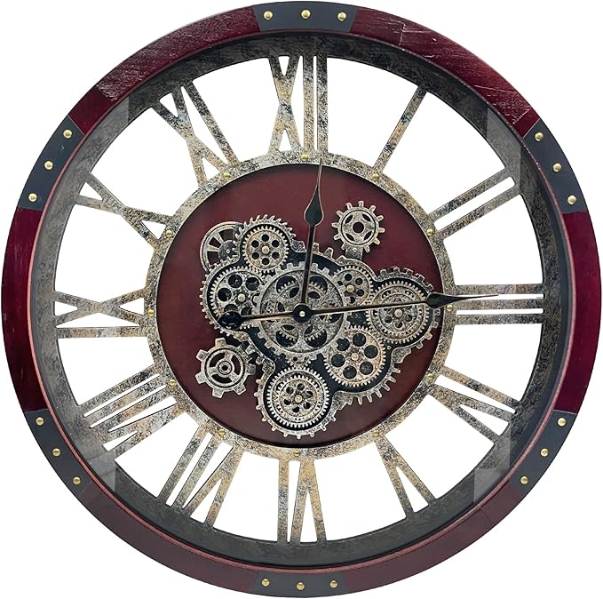 DORBOKER 36" Original Moving Gears Wall Clock, Large Industrial Wall Clock for Living Room Decor,Oversized Wood Vintage Farmhouse Steampunk Rustic Clocks for Wall Decor,Cherry Red