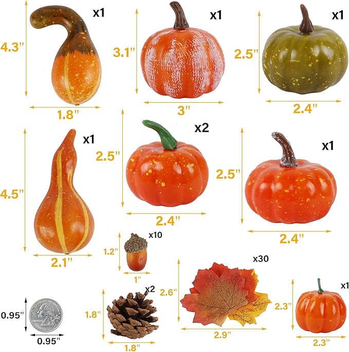 winemana Fall Decorations for Home-6pcs Mini Pumpkins & 2pcs Gourds, 30pcs Leaves & 10pcs Acorns, 2pcs Pinecones Centerpiece Set -Thanksgiving Harvest Decor for Table Mantel (Largest: 4.5" x 2.1")