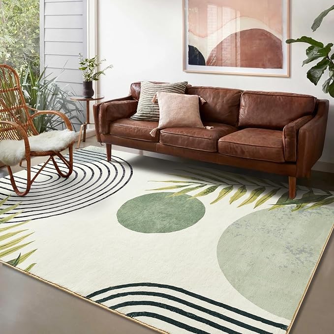 RoomTalks Mid Century Modern Washable Rug Stain Resistant, Boho Cute Aesthetic 8x10 Area Rugs for Bedroom Dining Living Room Office, Green Abstract Tropical Leaves Indoor Rug Plant Botanical Carpet