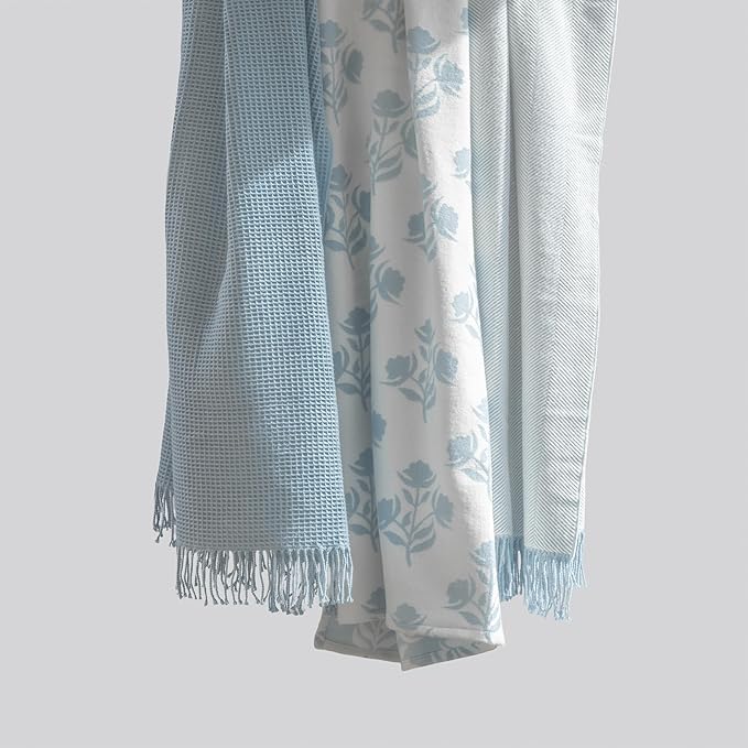 Hofdeco Premium Coastal Decorative Throw Blanket for Patio Couch Sofa, Baby Blue Herringbone with Fringe, 52"x72"