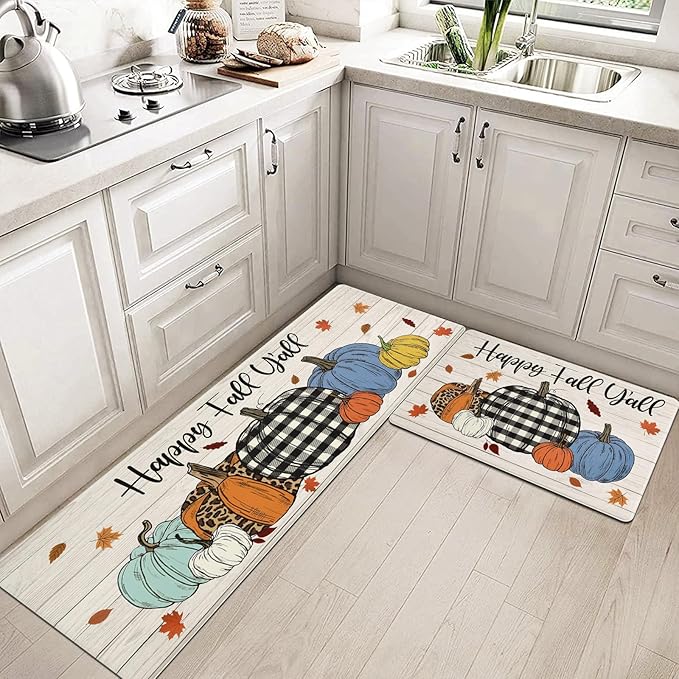 SHACOS 2 Pcs Fall Anti Fatigue Kitchen Mats Pumpkins Autumn Fall Rugs Happy Fall Y’All Non Slip Cushioned Comfort Floor Mat for Kitchen Fall Home Decor Ergonomic Standing Mats, 17x27.5+17x47, Pumpkin