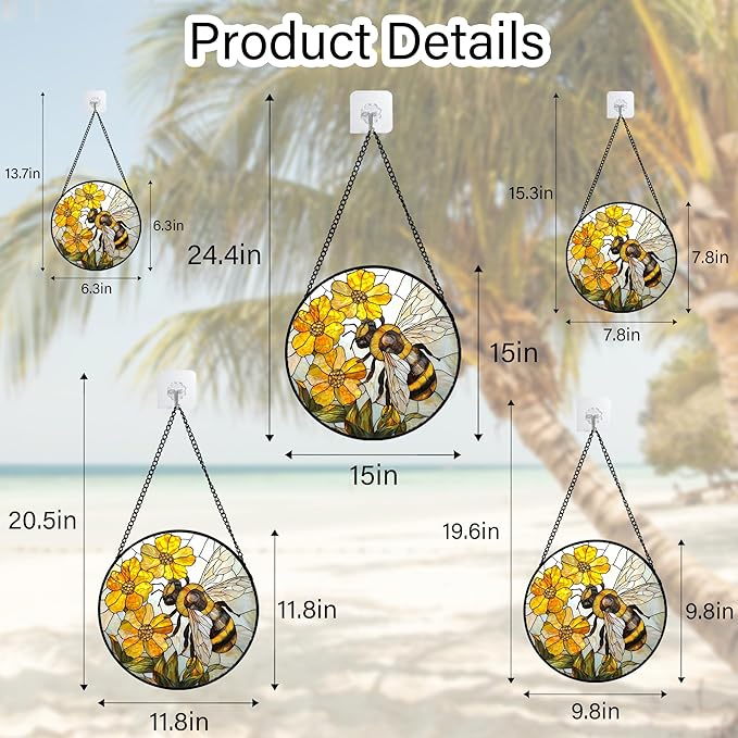 Stained Glass Window Hanging - Yellow Bees Gathering Flowers Sun Catcher for Door Garden Home Decor Cute Suncatcher Christmas Mother's Day Birthday Gifts for Women Men Mom Nana 7.8 in