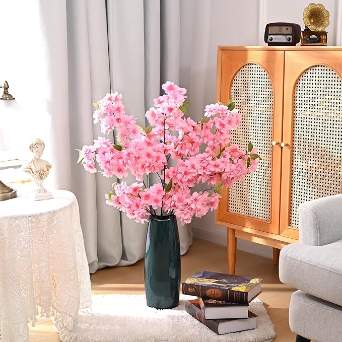 Sunm Boutique Pink Faux Cherry Blossom Branches, Artificial Cherry Blossom Stems Cherry Blossom Flowers Vase Arrangements for Wedding Home Party Kitchen Decor, Set of 3