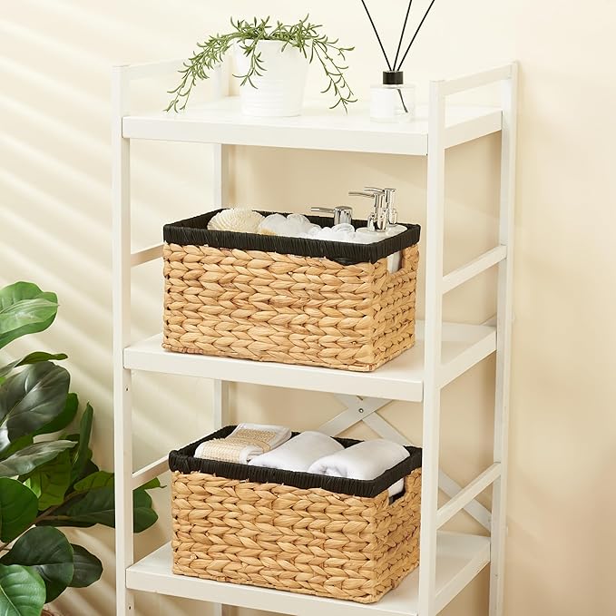 Wicker Storage Basket 2 Pack, Water Hyacinth Storage Baskets with Built-in Handles, Large Wicker Baskets for Storage & Organizing, Natural with Black