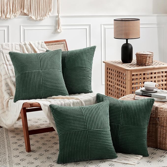 Fancy Homi Set of 4 Dark Green Boho Decorative Throw Pillow Covers 18x18 Inch for Living Room Couch Bed, Modern Farmhouse Forest Green Home Decor, Soft Textured Corduroy Cross Patchwork Cushion Case