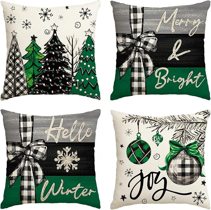 AVOIN colorlife Merry Christmas Joy Xmas Trees Green Throw Pillow Covers, 18 x 18 Inch Christmas Winter Holiday Cushion Case Decoration for Sofa Couch Set of 4