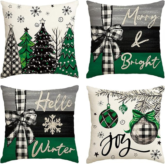 AVOIN colorlife Merry Christmas Joy Xmas Trees Green Throw Pillow Covers, 18 x 18 Inch Christmas Winter Holiday Cushion Case Decoration for Sofa Couch Set of 4