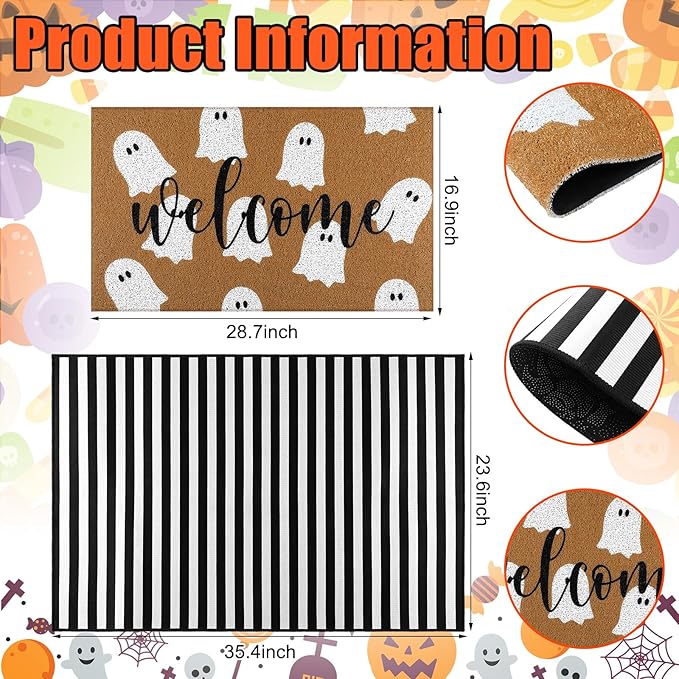 2 Pcs Halloween Welcome Door Mat Ghost Outdoor Welcome Mats for Front Door Non Slip Cute Ghost Coir Floor Mat Black White Stripe Halloween Rug for Outside Front Porch Entryway Decor