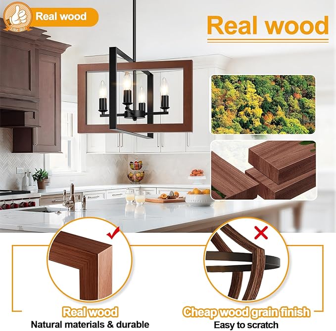 17" Farmhouse Reddish Brown Wood Chandelier, (4-Light, 17-Inch), Rustic Dining Room Light Fixtures Over Table, Adjustable Hanging Light Fixture for Kitchen, Living Room, Foyer, Entryway