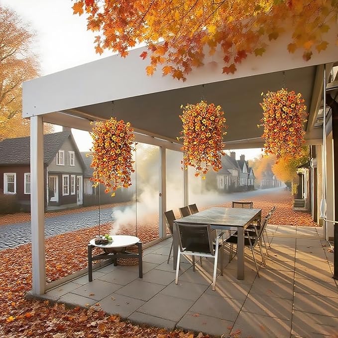 Fall Artificial Hanging Flowers for Outdoor 2 Pcs Fake Hanging Plants Autumn Decor -UV Resistant Artifical Faux Flower Silk Flowers for Indoor Planter Porch Balcony Yard Decor (Orange+Yellow)