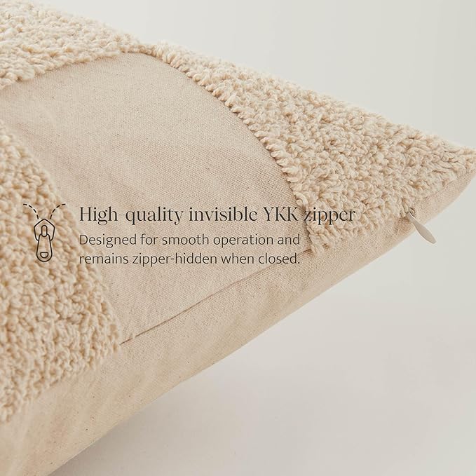 Double Stitch Checkered Throw Pillow Covers - 100% Cotton Tufted Boho Decorative Pillow Covers 20x20, Made in India, Square Plaid Cushion Case, Modern Home Decor for Couch, Sofa, Living Room, Oat