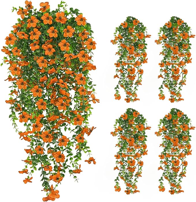 4 Pcs Fall Artificial Hanging Flowers for Outdoors,Fake Hanging Plants,Artificial Mums for Outdoors,Fall Decorations for Home,Outdoor Fall Decor(Orange)