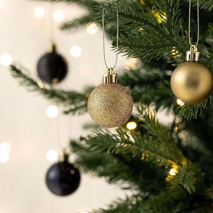 Valery Madelyn 1.57 Inches Small Christmas Tree Decorations Ornament Set for 4th of July Fall Halloween, 24ct Black and Gold Shatterproof Hanging Ball Ornaments Holiday Party Decor