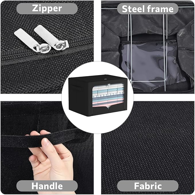 3 Pack Clothes Storage Bins Foldable Metal Frame Storage Box Stackable Linen Fabric Organizer Set with Carrying Handles and Clear Window (Black, 15.7x11.8x7.8inch(22L))