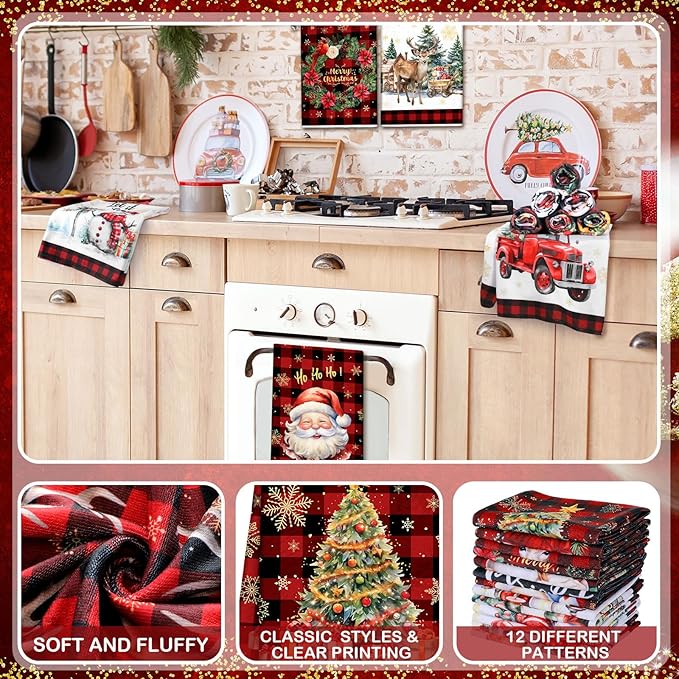 12 Pcs Christmas Kitchen Towels and Dishcloths Absorbent Christmas Tree Reindeer Truck Hand Dish Towels Decoration for Xmas Home Gift Supplies, 14.2 x 21.3 Inch(Fresh Style)