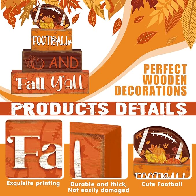 4 Pcs Fall Thanksgiving Decor for Home Football Wooden Signs with Sayings Fall Thanksgiving Tiered Tray Decor Pumpkin Football Tabletop Centerpiece Maple Leaf Block Signs for Office Kitchen Shelf