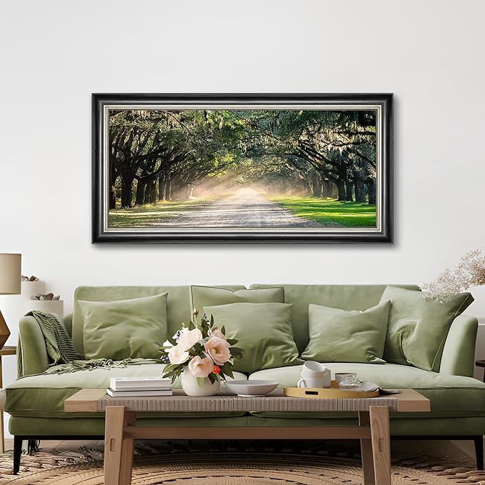 Framed Green Forest Wall Art: Nature Oak Tree Canvas Prints Modern Sunshine Path Landscape Painting for Living Room