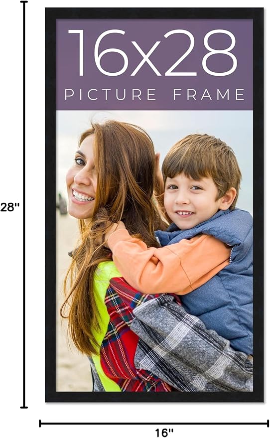 16x28 Frame Black Real Wood Picture Frame Width 0.75 Inches | Interior Frame Depth 0.5 Inches | Noir Classique Mid Century Photo Frame Complete with UV Acrylic, Foam Board Backing & Hanging Hardware