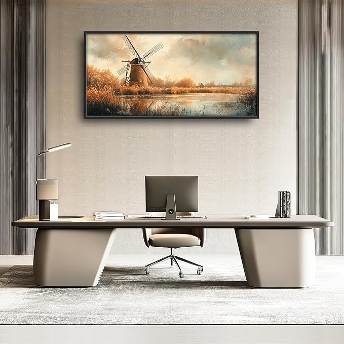 Landscape Framed Wall Art for Living Room, Large Holland Windmill Canvas Wall Decor, Country Farmhouse Pictures Painting, Modern Artwork for Bathroom Bedroom 60L'' × 30W''