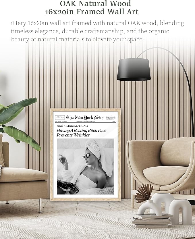 iHery Having A Resting Bitch Face Prevents Wrinkles Newspaper Framed Wall Art, Natural OAK Wood Trendy Large 16x20 in Vintage Canvas Wall Art Decor For Bedroom Living Room Bathroom Set of 1