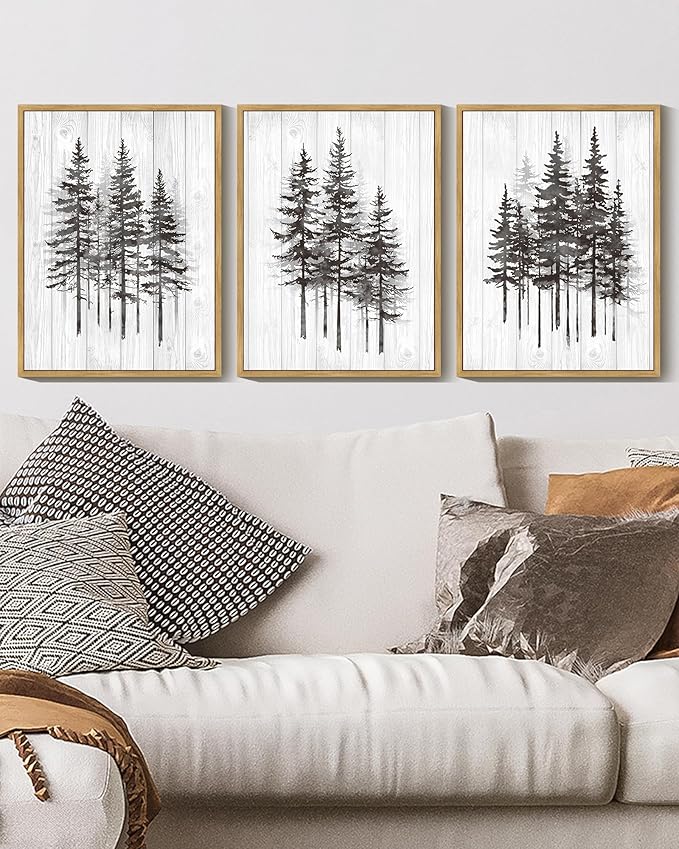 KUVIOKE Modern Pine Tree Framed Wall Decor Nature Forest Wall Decor Vintage Rustic Minimalist Paints for Farmhouse Bedroom Dining Room Decor11x14in (Natural Framed)