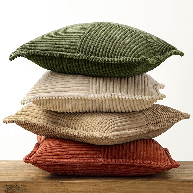 MIULEE Fall Rust-Olive Green Throw Pillow Covers 20x20 Inch 4 Packs Soft Boho Color-Clash Farmhouse Pillow Cases Accent Modern Cushion Cases for Couch Sofa Bed Corduroy Patchwork Home Decor