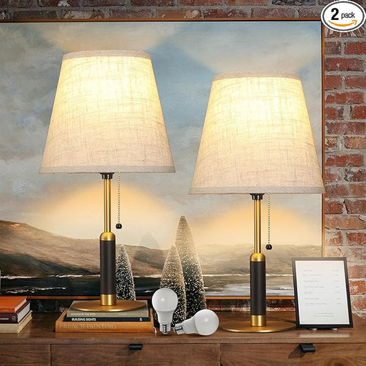 18.9" Bedside Lamps Set of 2 Small Vintage Table Lamp for Bedroom Nightstand Lamp for Living Room 3-Color Temperatures Pull Chain Wood Fabric for Home Office Dorm Decor (Light Brown+Brass)