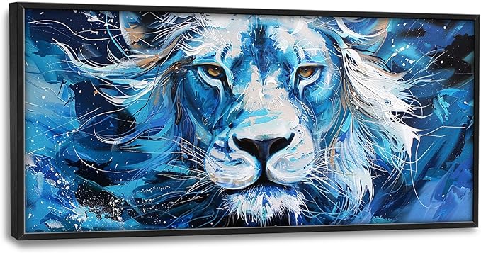 Framed Large Wall Art for Living Room, Lion Canvas Wall Decor, Blue Animal Pictures Painting, Modern Landscape Artwork for Bedroom Office 60L'' × 30W''