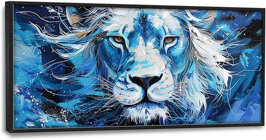 Framed Large Wall Art for Living Room, Lion Canvas Wall Decor, Blue Animal Pictures Painting, Modern Landscape Artwork for Bedroom Office 60L'' × 30W''