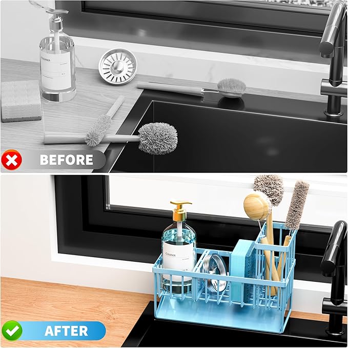 Cisily Blue Kitchen Sink Caddy Organzier with High Brush Holder, Sponge Holder for Sink, 304 Rustproof Stainless, Kitchen Countertop Soap Dispenser Organizer, Home Decor and Accessories