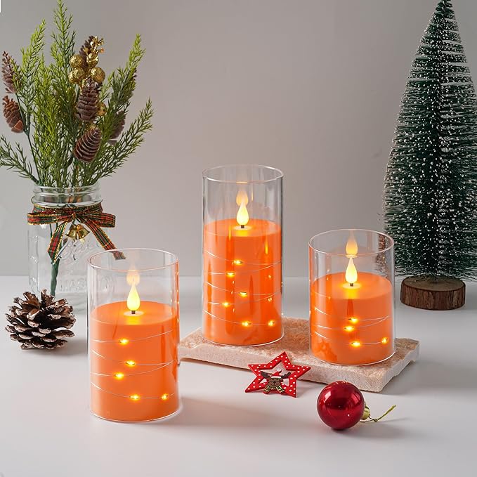 Da by Flickering Flameless Candles with Remote,Acrylic LED Candles with Embedded Star String,Battery Operated Candle, for Home and Holiday Decoration Set of 3（Orange）