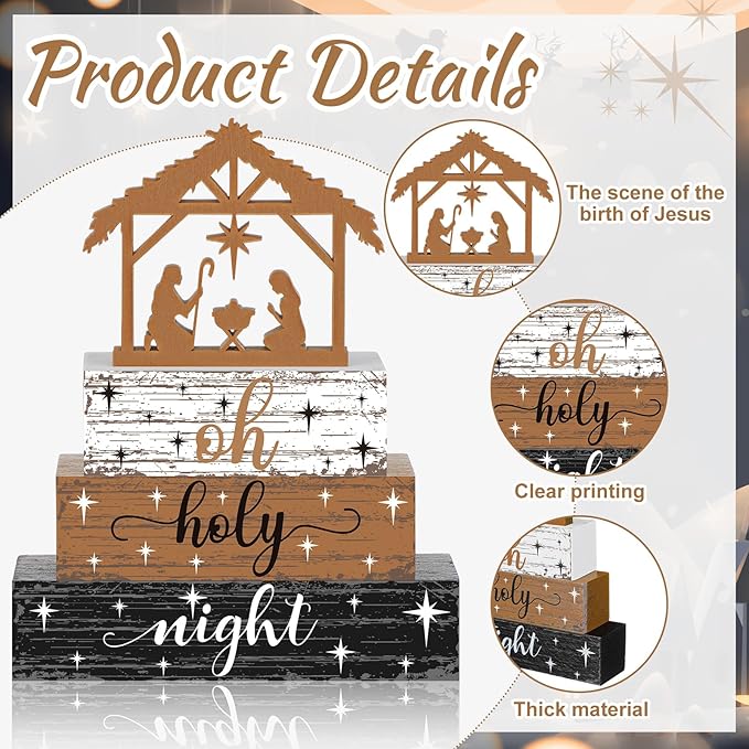 Geelin 4 Pieces Christmas Nativity Scene Table Decorations Xmas Wooden Silent Night Block Signs Holy Night Tabletop Centerpieces Farmhouse Tiered Tray Decor for Home Table Kitchen Shelf