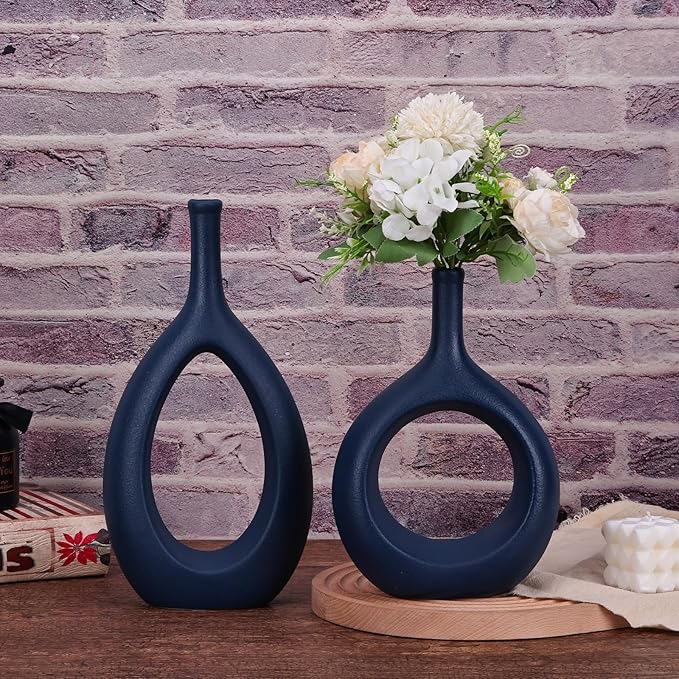 Navy Blue Ceramic Hollow Elliptical Vase Set of 2 - Boho Circle Vase with Hole, for Modern Navy Blue Table Decor, Living Room Decor Shelf mid Century Modern Home Entrance Decorative vase