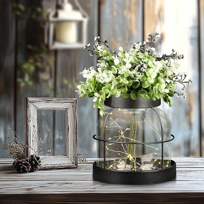 Farmhouse Rustic Vintage Primitive Glass Vases Lantern with Lights Green Artificial Eucalyptus Plants Home Decor Centerpiece for Coffee Office Dining Table Shelf Desk Counter Kitchen Bathroom, Black