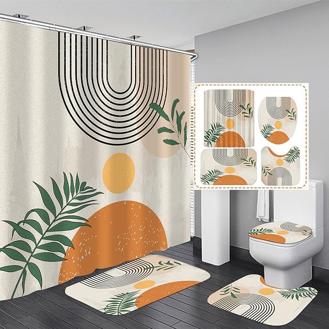 FZDHHY 4PCS Boho Shower Curtain Set Retro Orange Shower Curtain Bathroom Set with Rugs Abstract Shower Curtains for Bathroom with Carpet Bath Mat Toilet Rugs