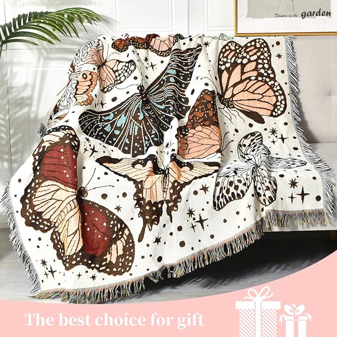 Boho Throw Blanket Reversible Cotton Bohemian Tapestry Hippie Room Decor Double Sided (Month Moth Print 50"x60")