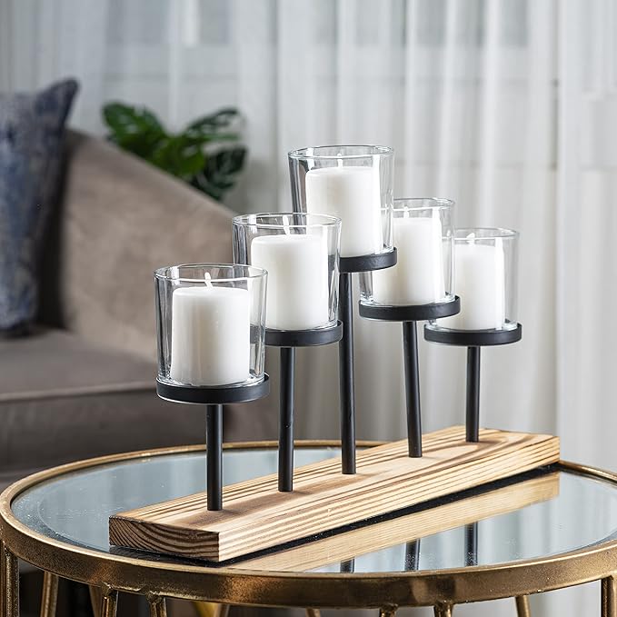 Elegant Decorative Votive Candle Holder Centerpiece, 5 Glass Cups on Wood Base-Tray for Anniversary, Wedding, Dining Table Centerpiece, Decorations Living Room, Decor Coffee Table Centerpiece, Menorah