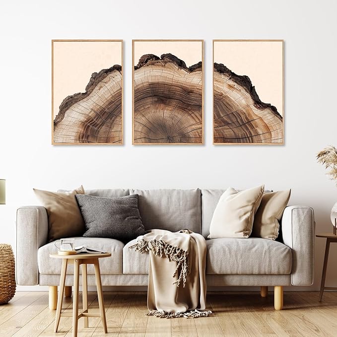 KAIRNE Framed Tree Ring Wall Art Set, Retro Wood Stump Wall Decor, Tree Spiral Wall Painting, Modern Nature Canvas Art Prints for Living Room, Bedroom, Dinning Room, Farmhouse - Large 16"x24"x3