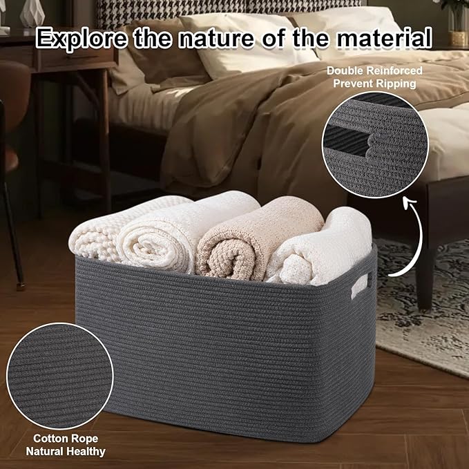OIAHOMY Large Blanket Basket,Storage Basket with Handle, Blanket Basket for Living Room, Rectangle Woven Cotton Rope Basket for Bedroom, Toy Baskets Organizer Bins, 22" x 17" x 12" in, Dark Grey