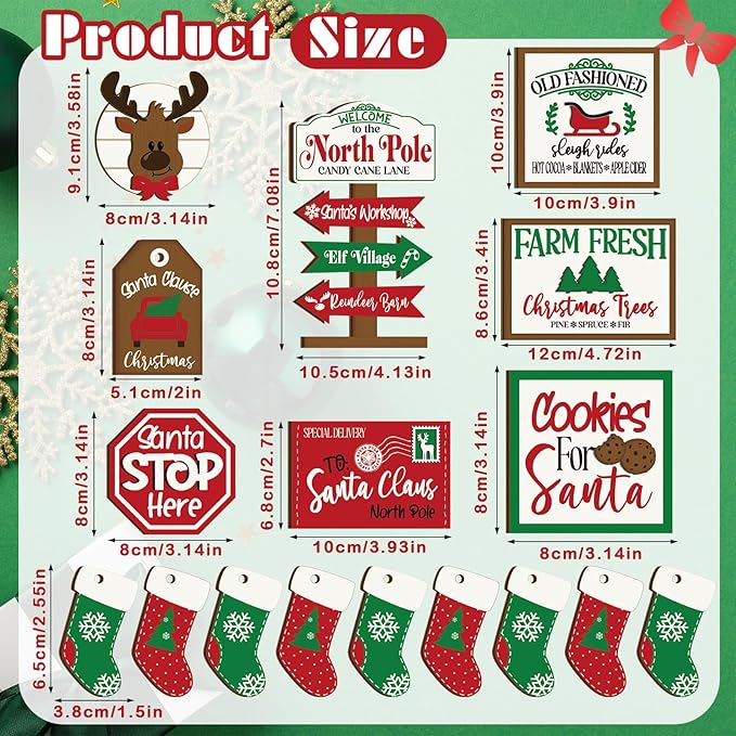 17 Pcs Christmas Tiered Tray Decor Set Winter Tiered Tray Decorations Farmhouse Tabletop Centerpiece Christmas Wooden 3D Sign for Xmas Home Buffalo Plaid Rustic Table Decoration(Bright)