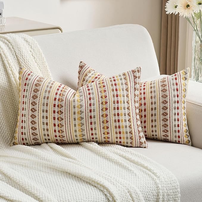 FUTEI Brown Red Decorative Throw Pillow Covers 12x20 Inch Set of 2,Soft Cozy Chenille Jacquard Textured Pillow Case,Boho Home Decor for Couch Bed Living Room