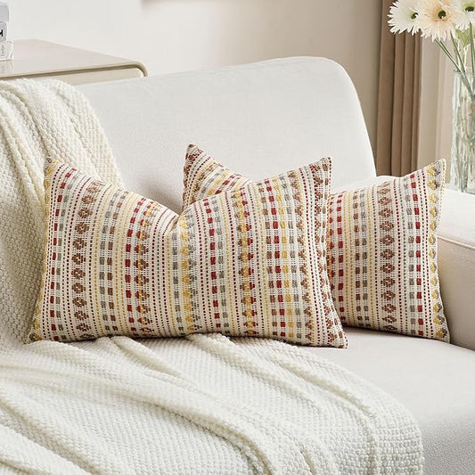 FUTEI Brown Red Decorative Throw Pillow Covers 12x20 Inch Set of 2,Soft Cozy Chenille Jacquard Textured Pillow Case,Boho Home Decor for Couch Bed Living Room