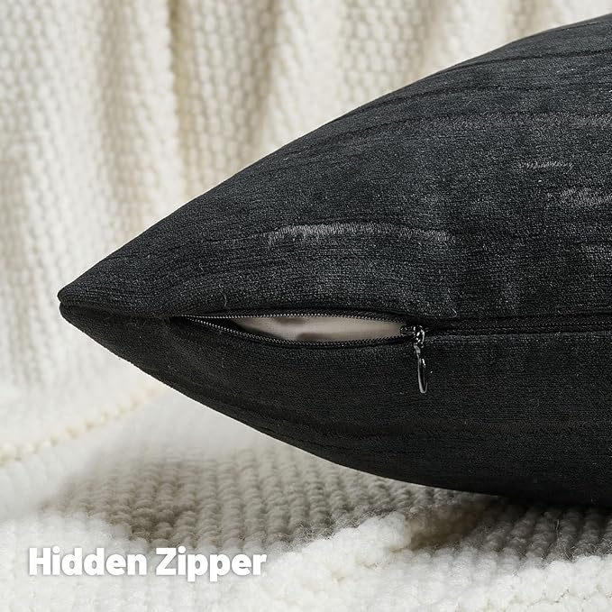 FUTEI Black Chenille Decorative Throw Pillow Covers 22x22 Inch Set of 2,Soft Embossed Striped Textured Cushion Case,Modern Home Decor for Couch Bed Living Room