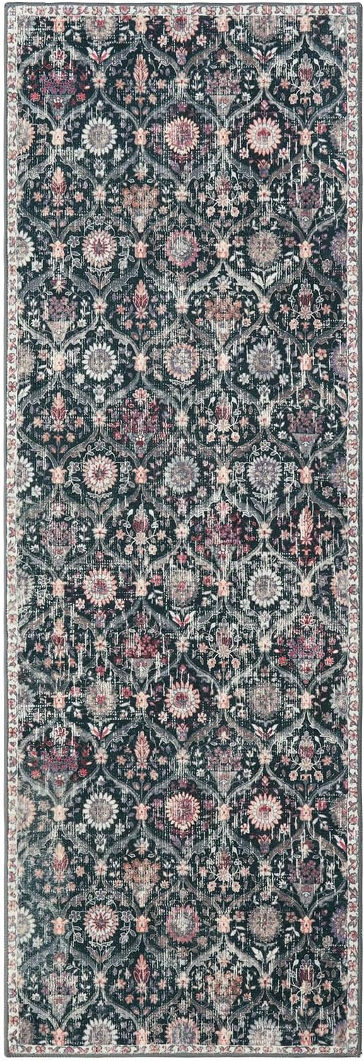 Lahome Moroccan Trellis Washable Runner Rug, 2x6 Kitchen Runners for Hallways 6 Feet Non Slip, Vintage Laundry Room Rug Ultra-Thin Long Carpet for Bathroom Bedroom Entryway, Black/Multi