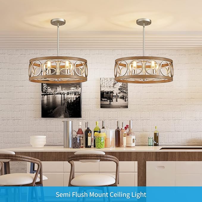 XINGQI Rustic Chandelier Brushed Nickel, Drum Chandeliers for Dining Room Modern Light Fixture Over Table Farmhouse Metal Wood Grain Pendant 5 Lights