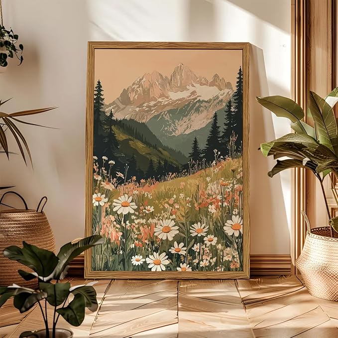 Framed Boho Colorful Wildflower Landscape Wall Art Set of 3, Vintage Floral Mountain Wall Decor Paintings, Nature Flower Pictures Canvas Prints for Living Room Bedroom Office 12x16 inch